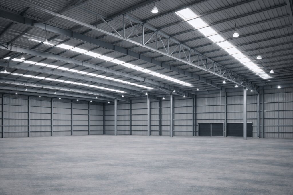 Çelik depo ve fabrika sistemi kapsamında inşa edilen geniş iç hacimli endüstriyel yapı