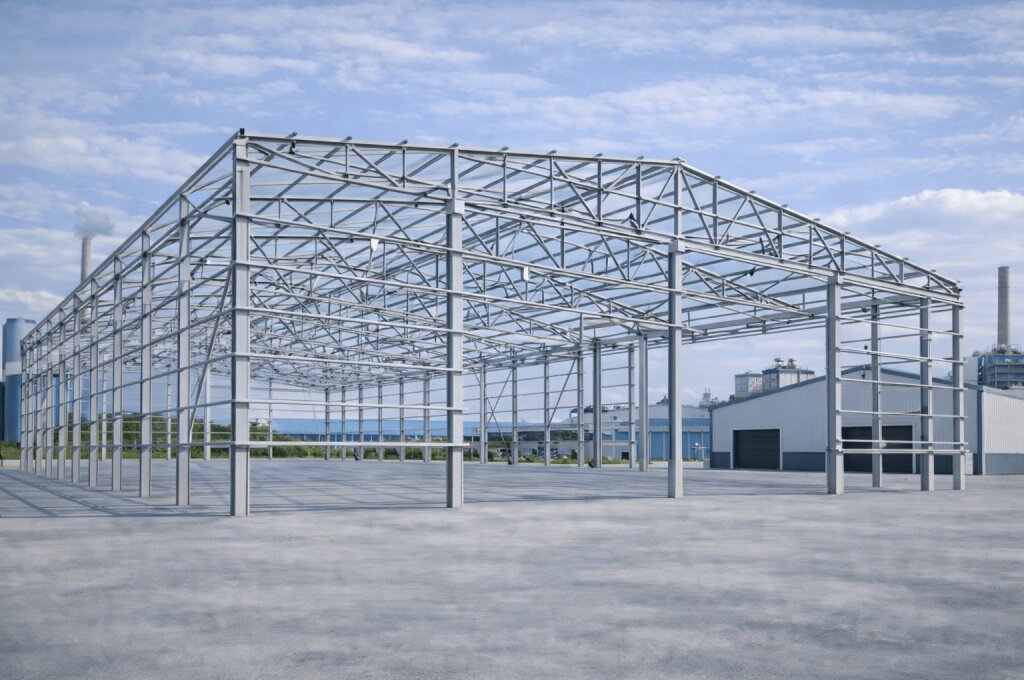 Çelik fabrika ve depo yapısı projesine ait endüstriyel çelik konstrüksiyon bina sistemi