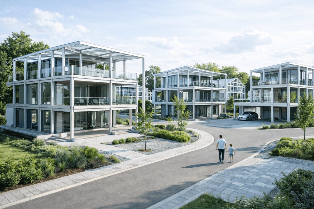 Modern yaşam alanları için inşa edilen çelik konut projesi kapsamında hafif çelik yapı sistemi ile yapılan toplu konutlar