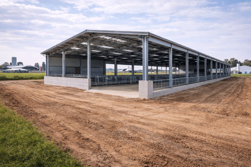 Çiftlik çelik yapı projesi kapsamında inşa edilen modern tarım ve hayvancılık tesisi için endüstriyel çelik depo yapısı