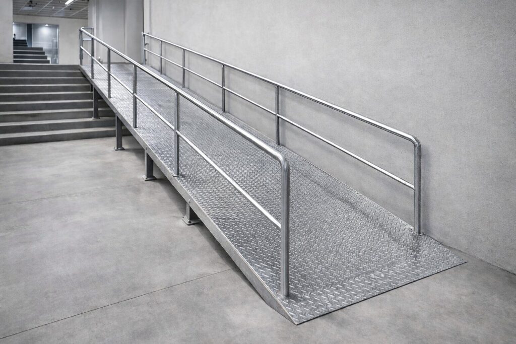 forklift ve yük taşıma araçları için galvanizli çelik rampa sistemi depo içi geçiş uygulaması