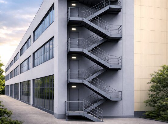 Bina dış cephede kullanılan çelik yangın merdiveni sistemi uygulaması