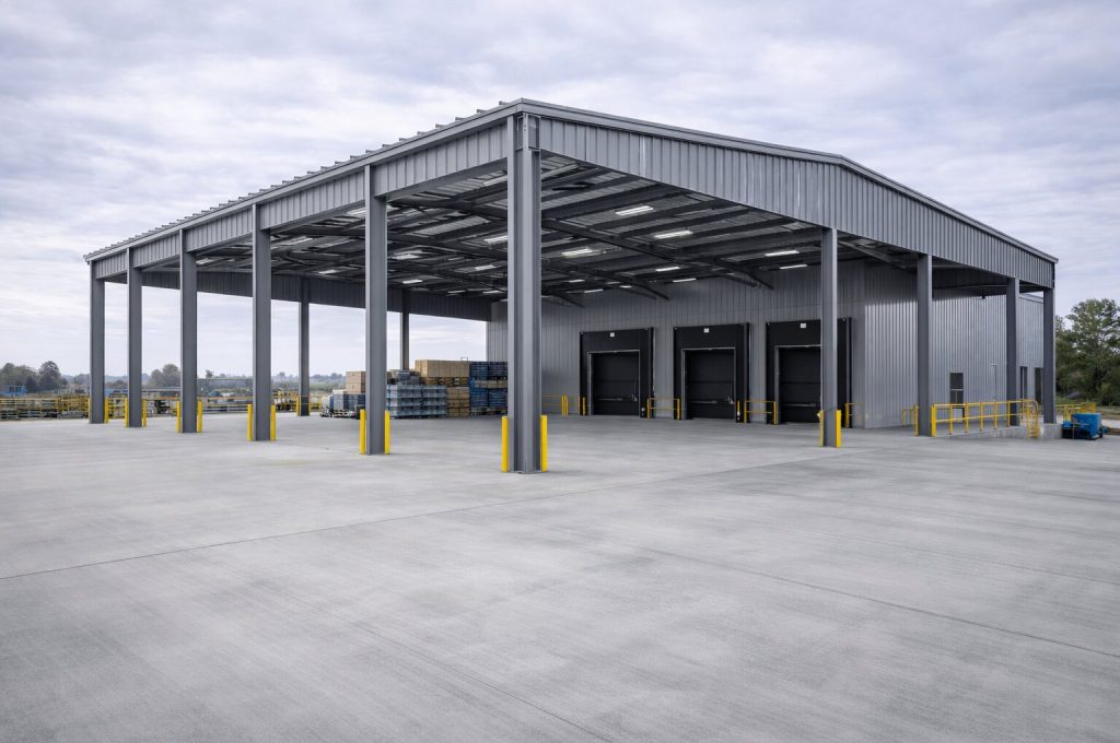 Çelik üretim ve sanayi yapısı – yükleme alanına sahip modern endüstriyel çelik depo yapısı